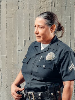 A policewoman in uniform stands outdoors against a textured concrete wall, looking serious.