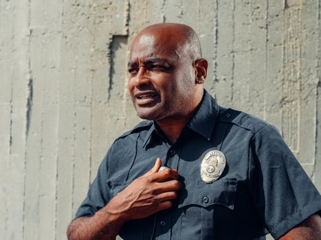 Portrait of a police officer in uniform with a badge, standing outdoors in natural light.