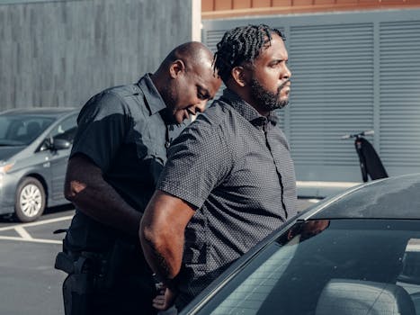 A police officer handcuffing a man next to a car in a parking lot.