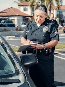 Female police officer writing a traffic ticket in a parking lot.