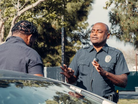 A police officer engages in conversation outdoors, reflecting community service and law enforcement.