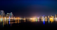 城市灯光倒映在平静的水面上，展现出令人惊叹的夜间天际线