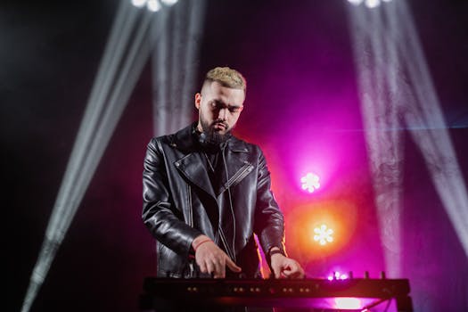 A DJ in a leather jacket performs live music with vibrant stage lighting.