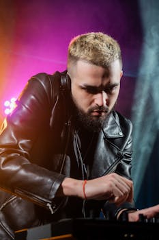 A DJ in a leather jacket performs at a colorful night concert with intense focus.