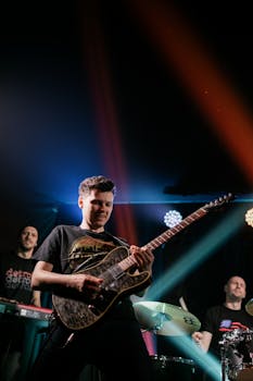 Dynamic live band performance featuring a passionate guitarist on stage.