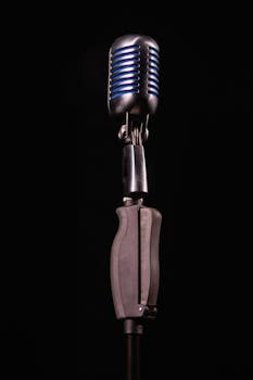 Classic vintage microphone against a dark background, perfect for music themes.