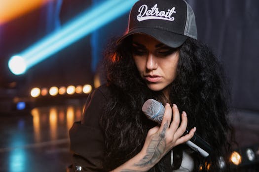 A female singer with tattoos in a concert setting, holding a microphone with stage lights.