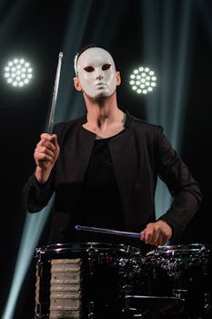 A masked drummer energetically plays a drum set on stage under bright lights.