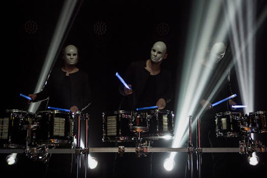 A group of masked drummers performing on stage with dramatic lighting and percussion instruments.