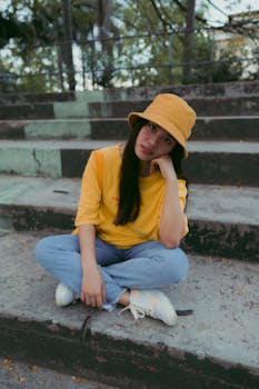 Asian woman in yellow shirt and bucket hat sitting on outdoor steps, posing thoughtfully.