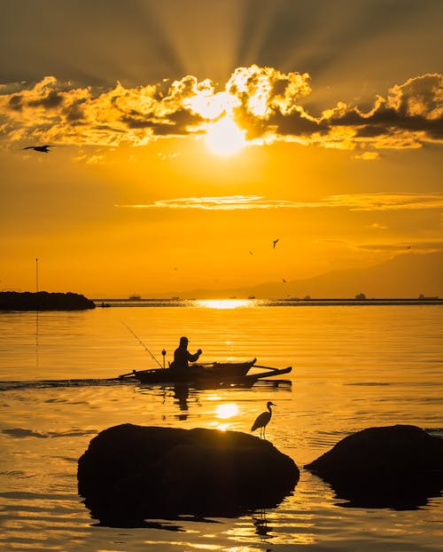 Silhouette of a Person on the Boat during Sunset