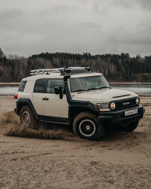 Modern SUV car driving on wild sandy beach near lake and lush green trees against gray cloudy sky