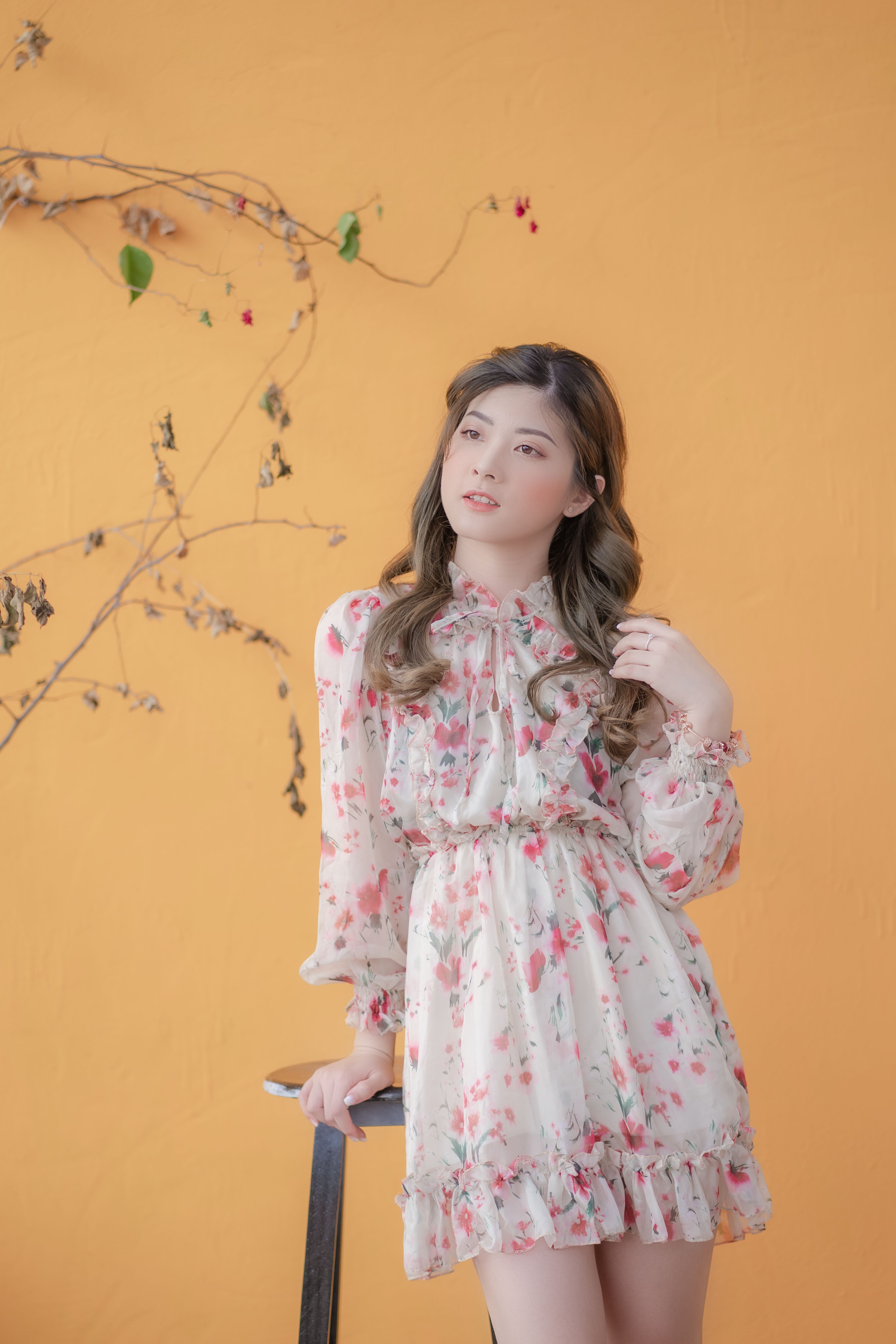 Woman in a White and Pink Floral Dress Posing Near a Stool · Free Stock ...