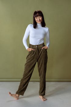 Fashionable Asian woman posing in a studio with hands in pockets, full body portrait.