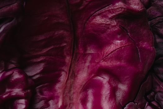 Detailed macro shot of red cabbage surface with rich purple hues and natural textures.