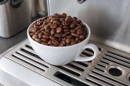 Close-Up Photo of Roasted Coffee Beans in a White Ceramic Cup