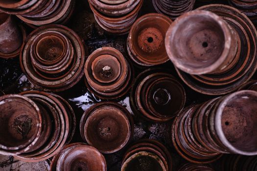 Top View Photo of Pile of Brown Round Clay Pots