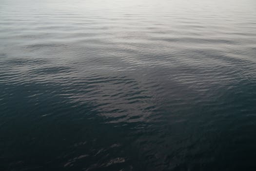 Calm ocean waters with gentle ripples under a twilight sky.