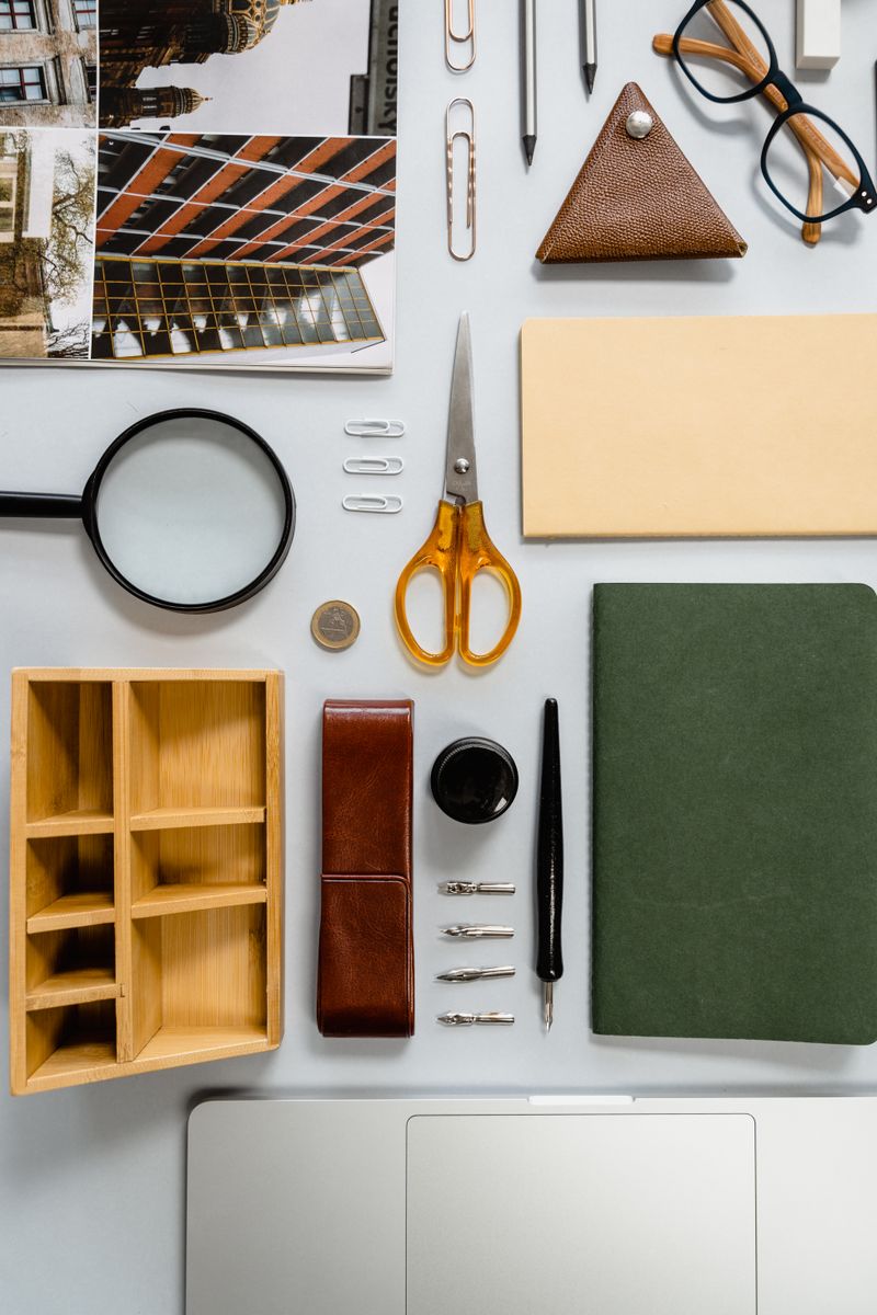 Assorted stationery items arranged on a desk