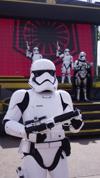 Close-up of iconic stormtrooper at a science fiction themed event.