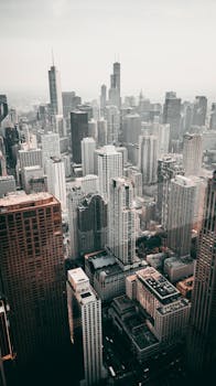A breathtaking aerial view showcasing the modern skyscrapers of downtown Chicago on a clear day.
