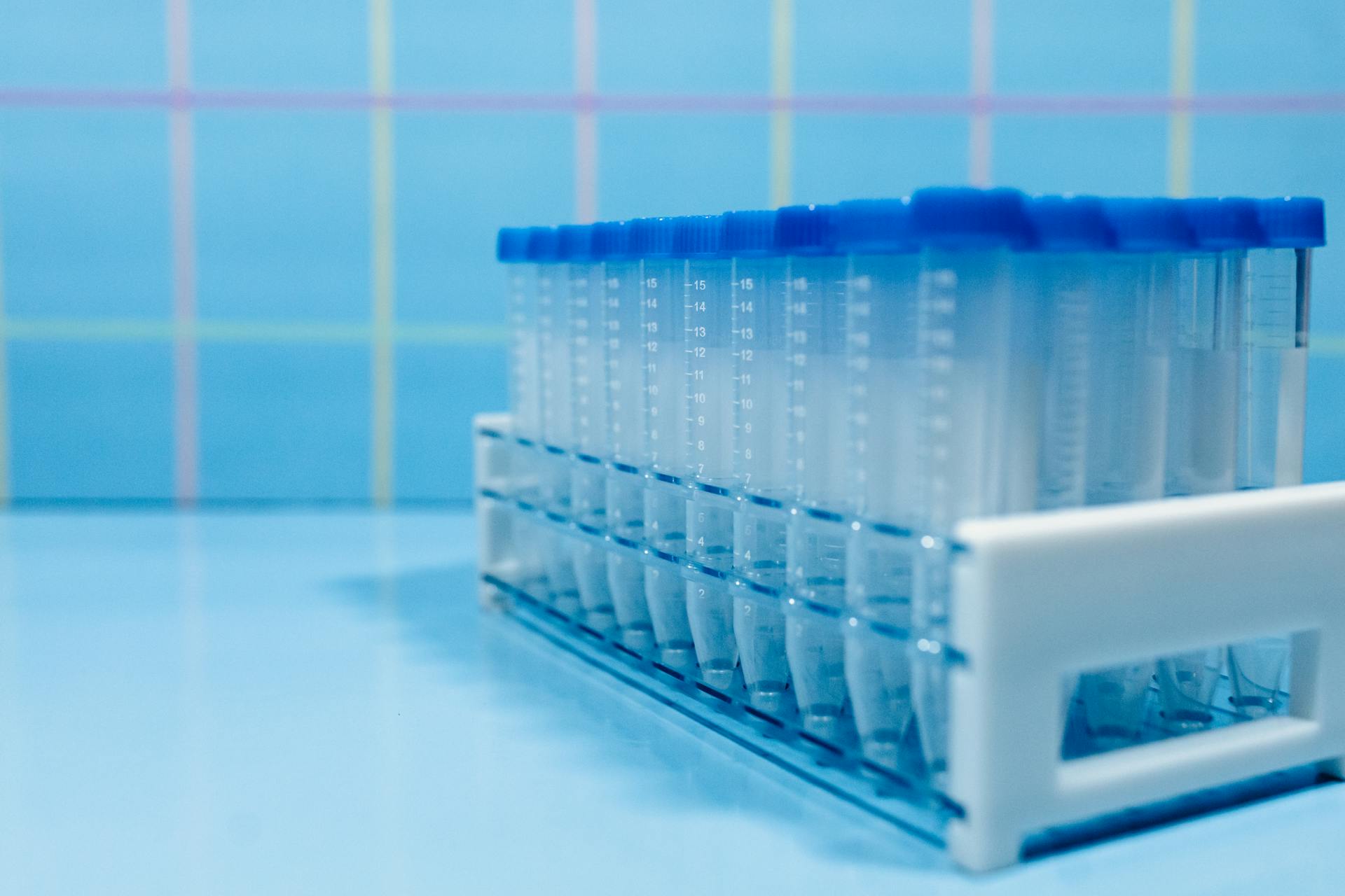 A Collection of Blue Cap Plastic Test Tubes in a Rack