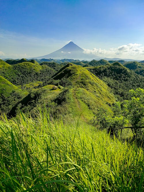 Green Grass Field and Mountain Under Blue Sky