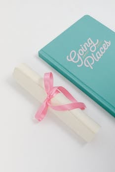 Rolled diploma with a pink ribbon and a teal notebook with 'Going Places' on a white surface.