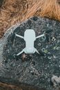 From above of modern white UAV placed on rocky surface near dried grass in countryside on autumn day in nature