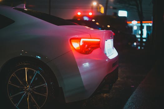 A sleek car parked on a wet pavement on a rainy night, showcasing its taillight glow.