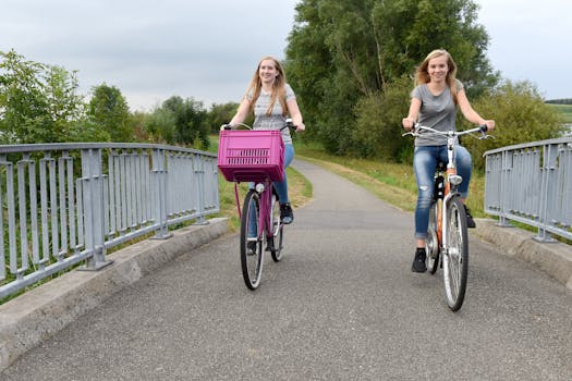 Two women enjoying a leisurely bike ride on a bridge surrounded by nature in the Netherlands.