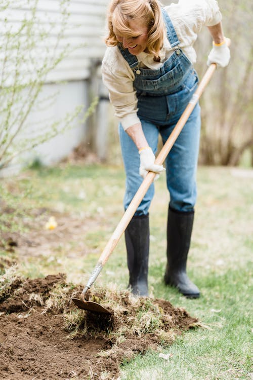 Full body of positive female gardener in gloves and rubber boots standing and loosening soil in backyard of house in countryside in daytime