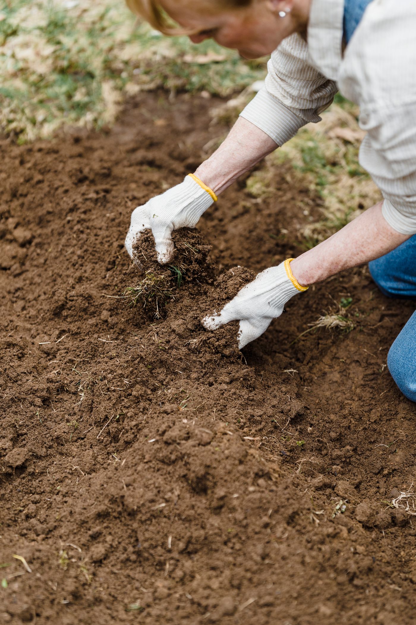 Gardener working with soil in a garden, representative stock photography