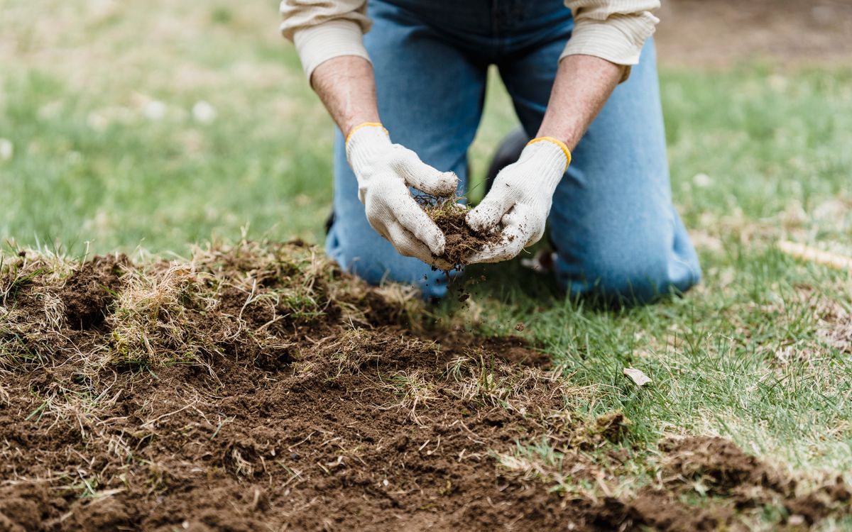 Crop unrecognizable gardener in casual clothes and gloves sitting on grassy ground while preparing soil for planting in garden