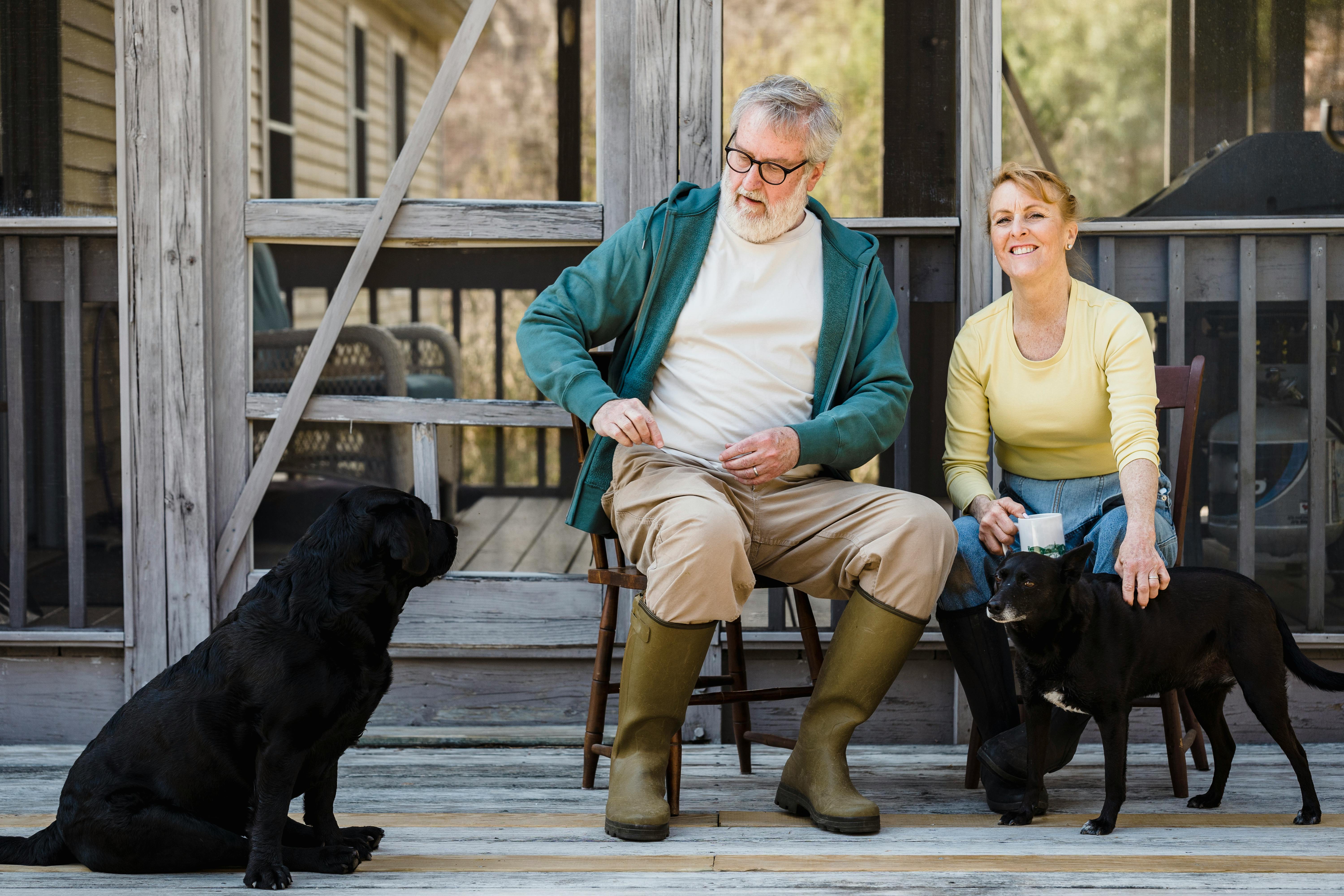 Full body of elderly wife and husband in casual outfits sitting on wooden chairs on terrace and caressing dogs