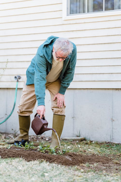 Senior man watering seedlings near wall