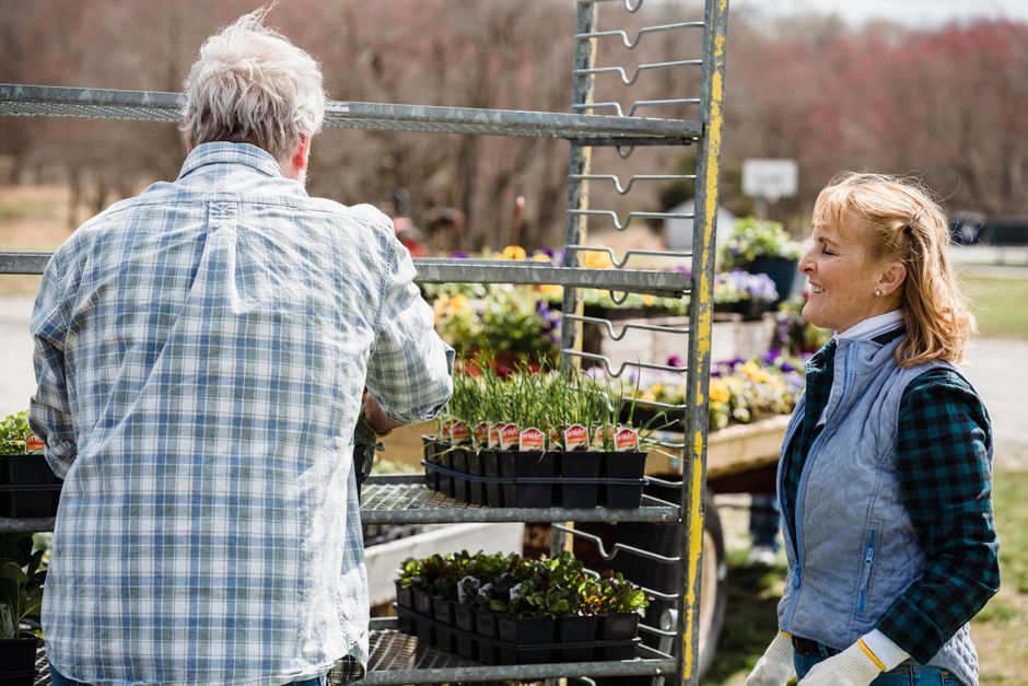 Couple of positive middle aged farmers standing near metal shelves with potted fresh green plants in countryside on sunny day