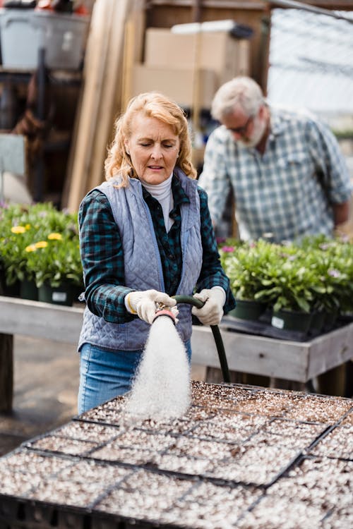 Mature couple working with plants in garden