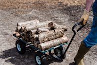 Close-up of Man Pulling a Cart with Firewood