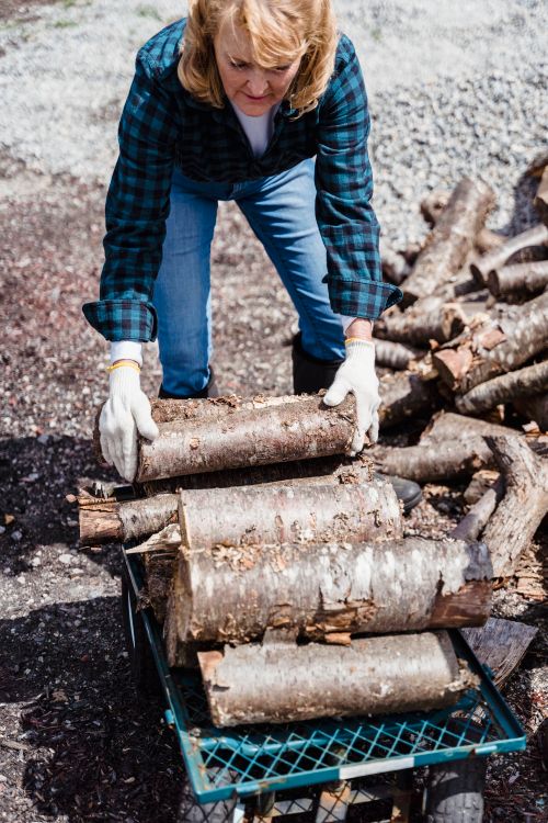 Free Woman stacking firewood into a wheelbarrow on a sunny day, exhibiting outdoor labor. Stock Photo