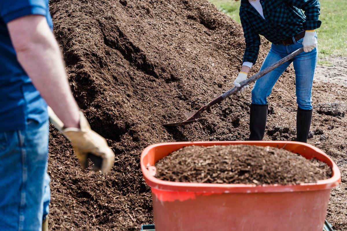 Two people shovelling a bulk load into a wheelbarrow