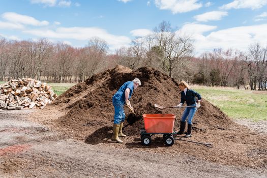Elderly couple working together on a gardening project with soil and a cart.