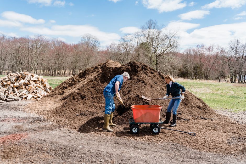Homeowner shoveling well-amended garden soil to plant a new lilac tree — lilac tree planting in Surrey BC