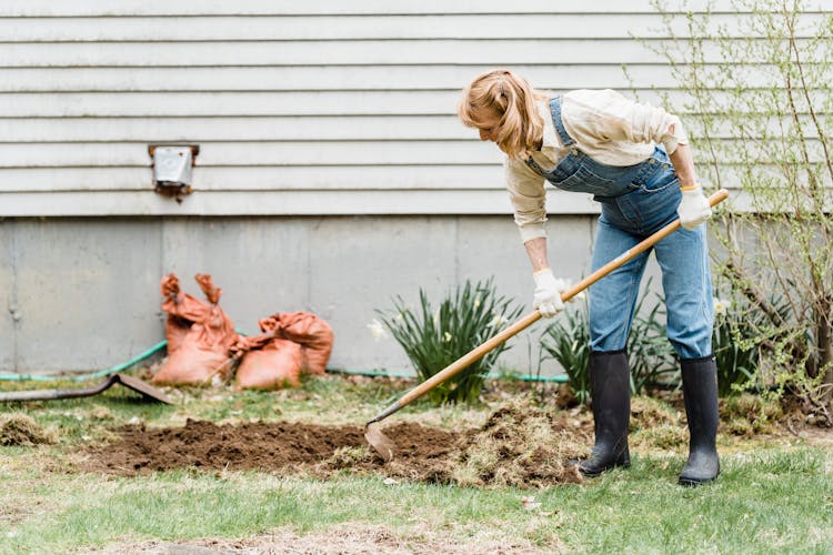 Woman Wearing Denim Overalls And Wellies Gardening