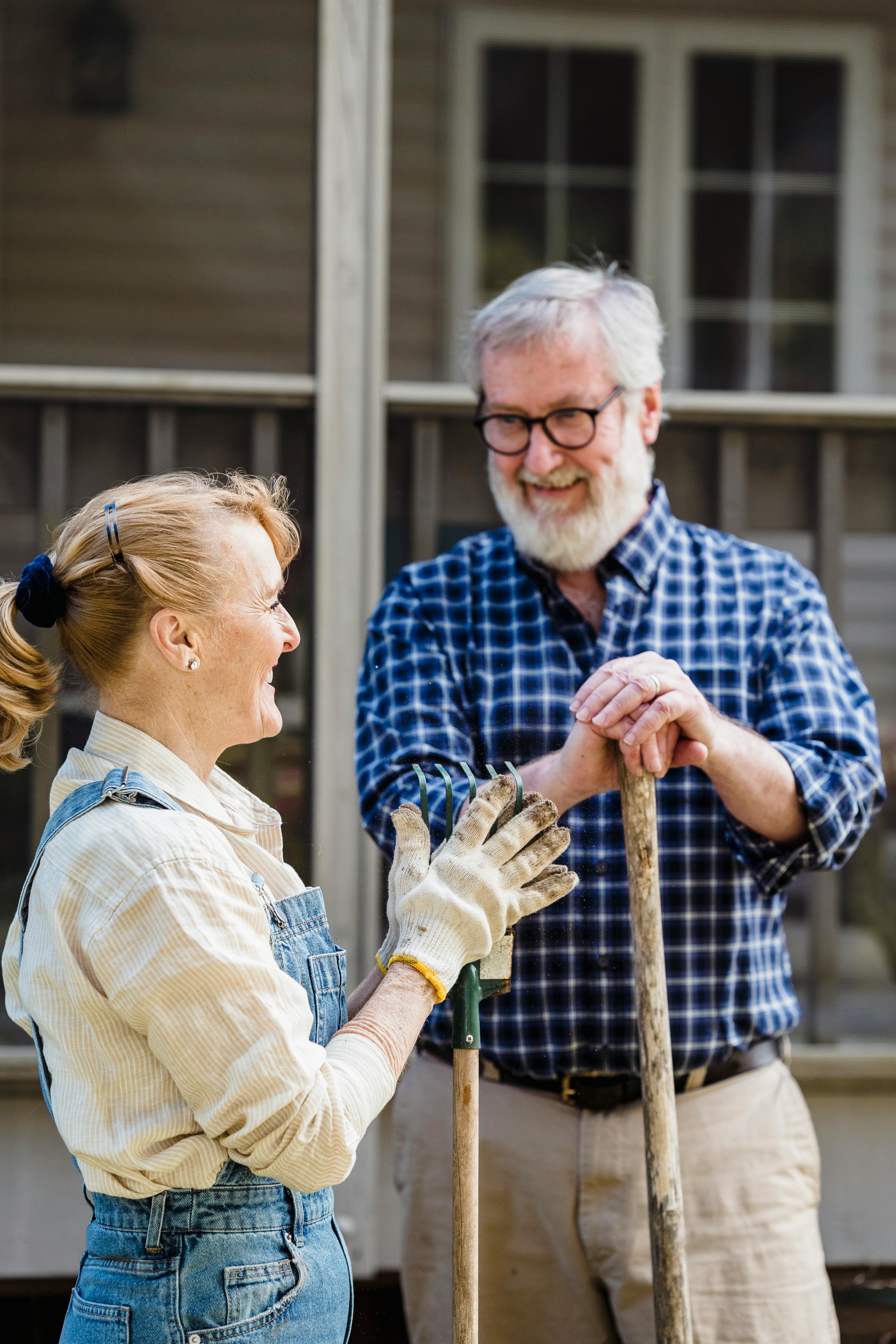 elderly couple talking to each other