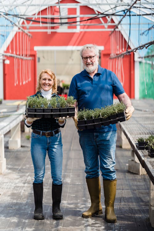 Smiling Elderly Couple Holding Potted Plants