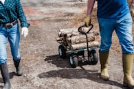 Two People Pulling a Cart of Wood Logs