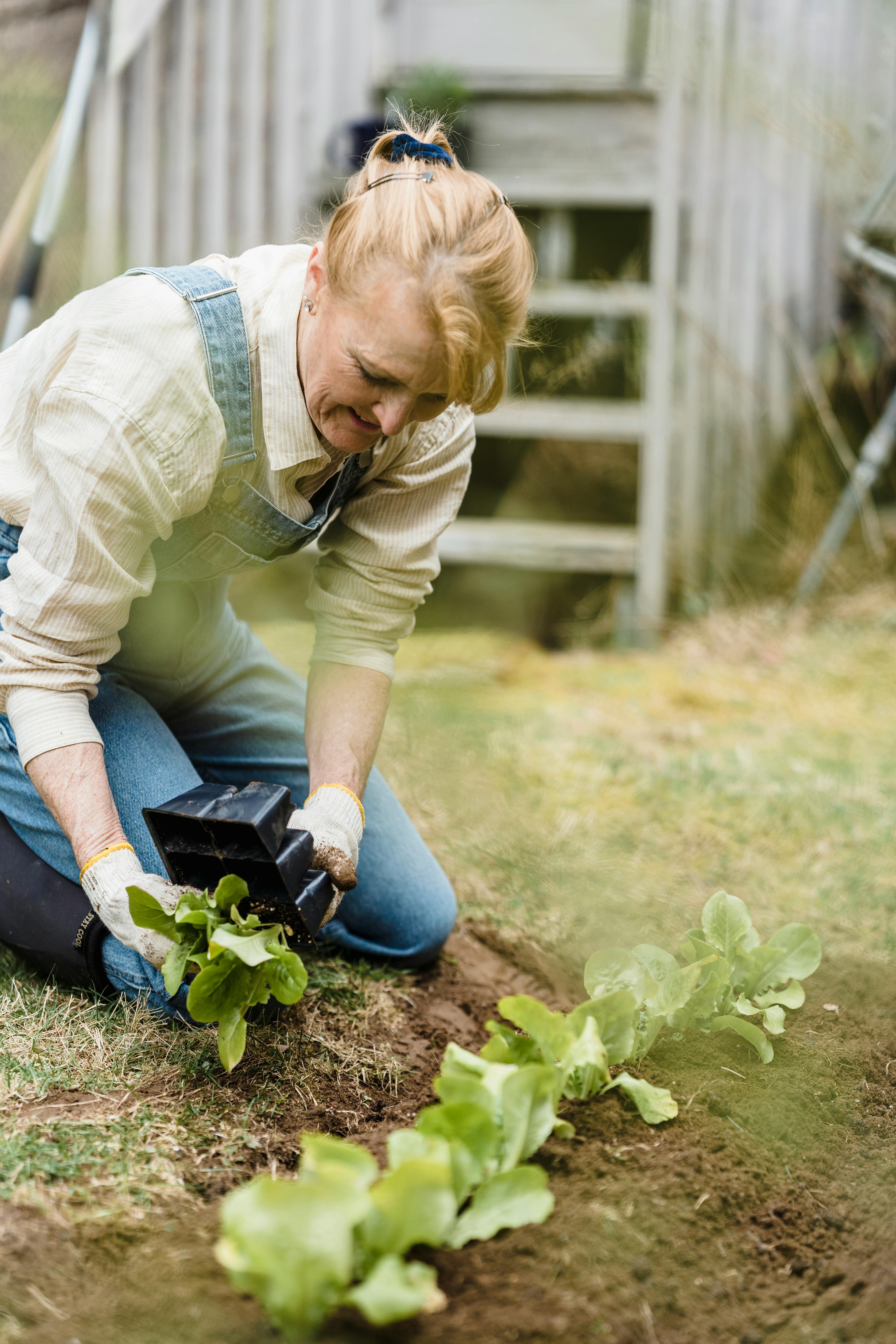 photo of a woman kneeling while holding a green plant