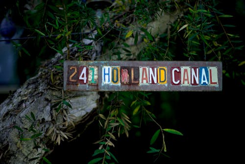 Multi-colored 241 Holland Canal Signage Mounted on Rock