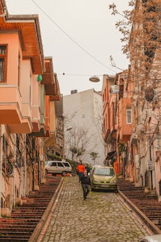 A steep cobblestone street lined with vibrant houses and parked cars in an urban neighborhood.